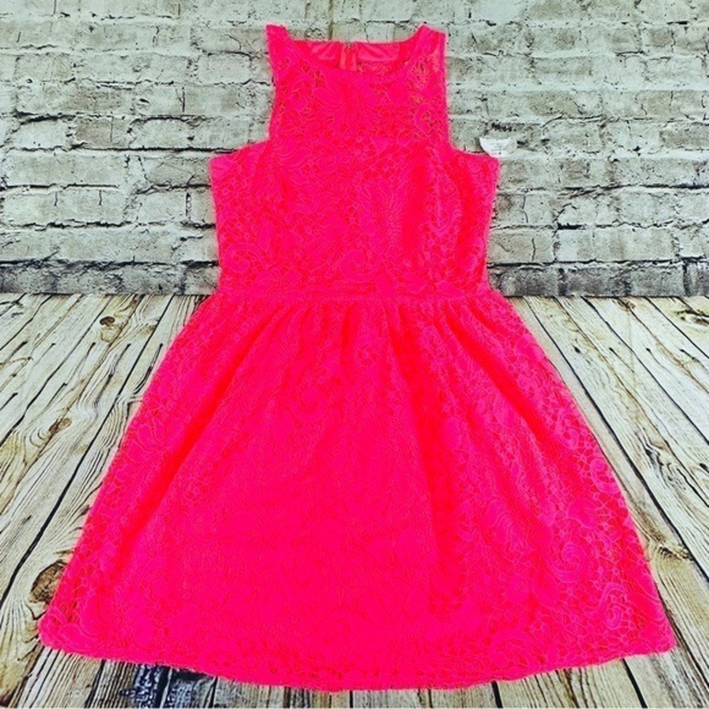 Speechless Lace Dress Womens L Neon Pink High Neck Fit Flare Mini NWT